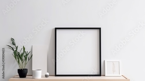 Blank picture frame mockup on white wall. Generative AI © AdriFerrer