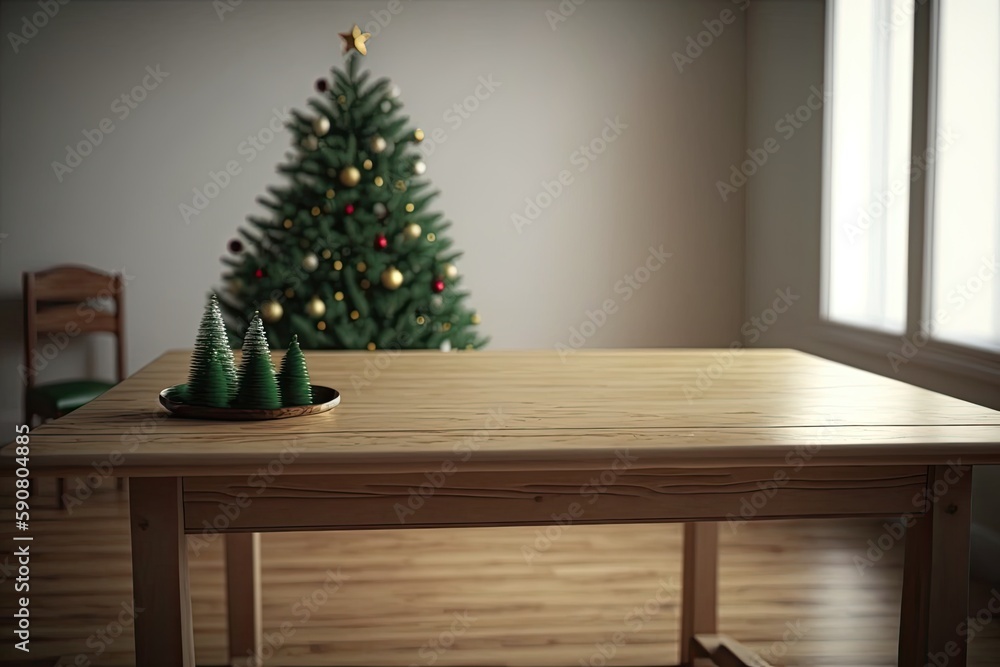 cozy Christmas tree on a rustic wooden table. Generative AI cozy Christmas tree on a rustic wooden table. Generative AI