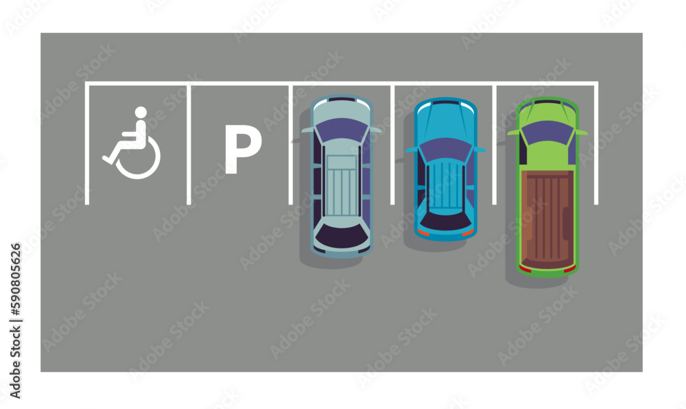 Free parking spaces for disabled, special sign on an asphalt road. Colored automobiles. Urban scene. Traffic rules in city. Top view. Cartoon flat isolated illustration. Vector vehicle concept Free parking spaces for disabled, special sign on an asphalt road. Colored automobiles. Urban scene. Traffic rules in city. Top view. Cartoon flat isolated illustration. Vector vehicle concept
