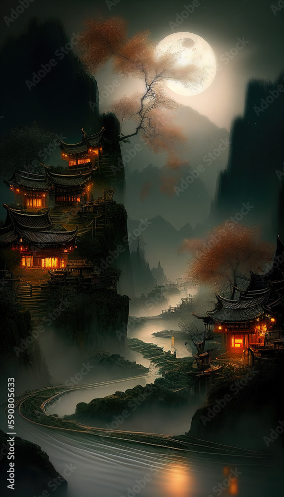Ancient building and mountain view in traditional oriental minimalist Chinese style ai chinese style background