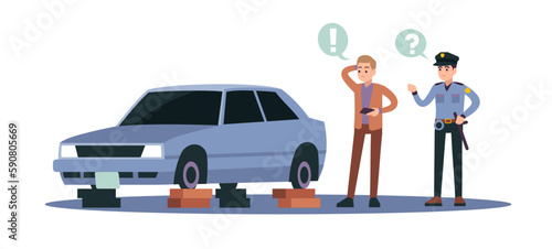 Frustrated man called police thief stole all wheels off new car. Robbery in city. Criminal accident with automobile. Auto insurance. Cartoon flat isolated illustration. Vector crime concept