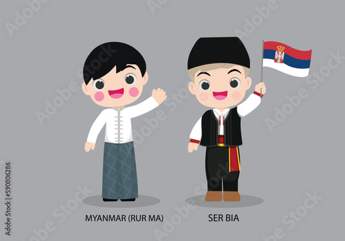 Serbia peopel in national dress. Set of Myanmar man dressed in national clothes. Vector flat illustration.