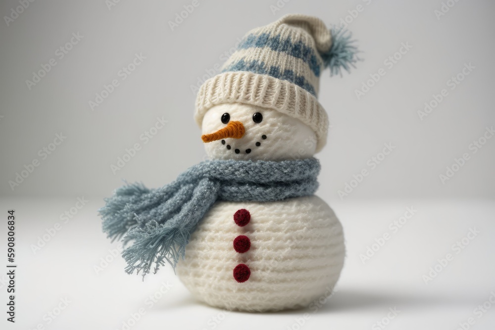 cute crocheted snowman with blue and white winter accessories. Generative AI cute crocheted snowman with blue and white winter accessories. Generative AI