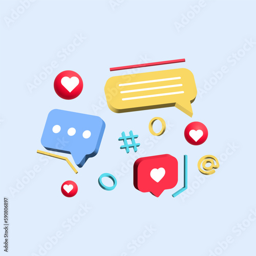 3d speech bubble chat message icon. social media communication concept background , heart in speech bubbles icon. notification icons, like icon button, social network template. vector illustration