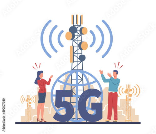 People panic, fear for their health because of radiation from cellular 5g, network towers. Conspiracy theory. dangerous broadcasting tower. Cartoon flat isolated illustration. Vector concept