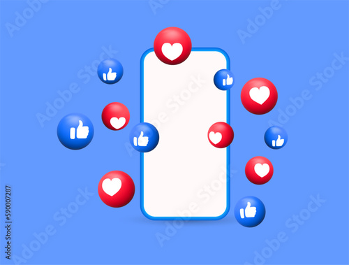 social media post template. notification icons : thumb up icon, heart like icon button. social network background with smartphone - isolated mobile phone mockup. digital marketing vector illustration