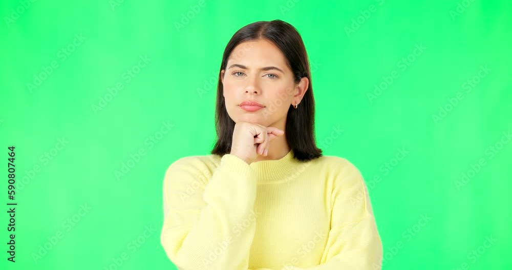 Face, thinking and consider with a woman on a green screen background in studio to decide her options. Idea, mind and contemplating with an attractive young female looking thoughtful on chromakey Face, thinking and consider with a woman on a green screen background in studio to decide her options. Idea, mind and contemplating with an attractive young female looking thoughtful on chromakey