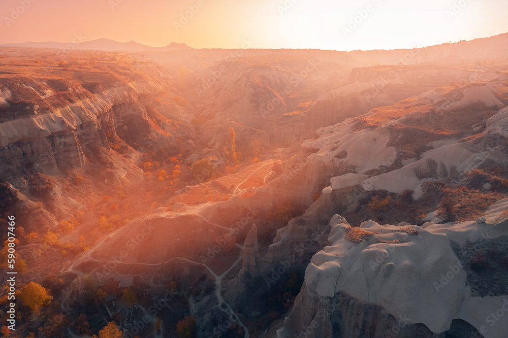 Beautiful sunset landscape autumn in Cappadocia, Turkey valley from aerial view