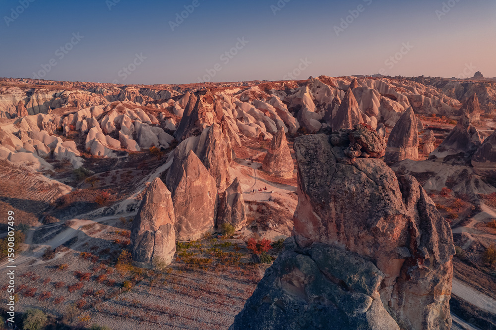 Landscape Cappadocia stone old cave house in Goreme national park Turkey, Aerial top view