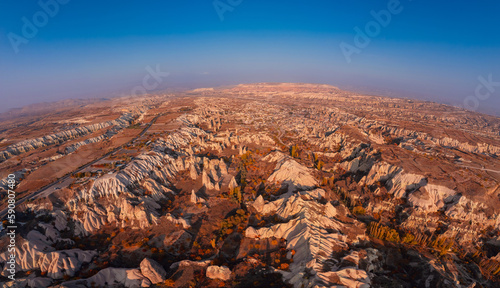 Rocks mushrooms in dove valley sunset autumn in Cappadocia, Turkey. Landscape from aerial top view