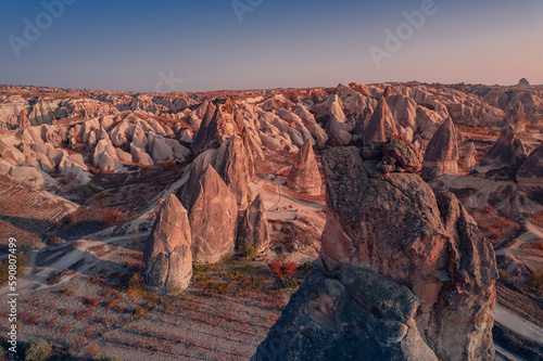 Landscape Cappadocia stone old cave house in Goreme national park Turkey, Aerial top view