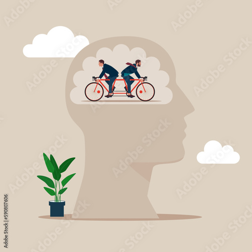 Business people riding the same bike in opposite directions inside of a brain. Modern vector illustration in flat style
