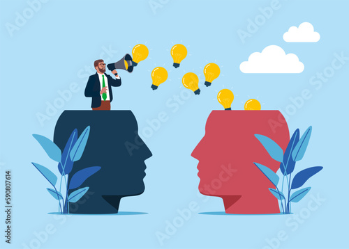 Businessman  into loudspeaker sending bulbs to head. Girl with megaphone attracting attention. Flat vector illustration
