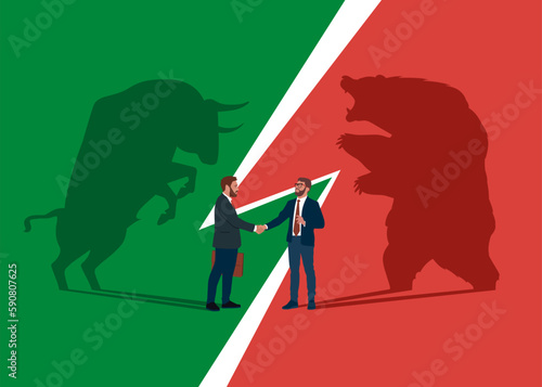 Bear and Bull fighting. Business people handshake. Symbol of Financial markets. Global economy crash or boom. Diplomacy, contract signing. Flat vector illustration