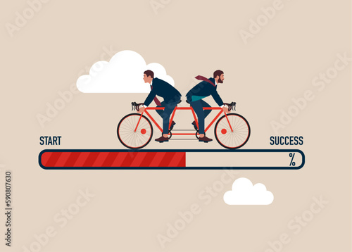 Business conflict. Business people riding the same bike but in opposite directions. Modern vector illustration in flat style