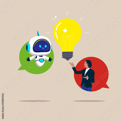 Businesswoman and robot standing on speech bubble talking about new ideas. Artificial intelligence technology. Business communication, work discussion.
