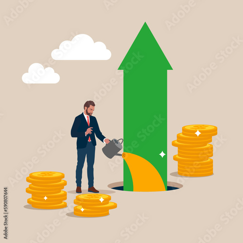 Businessman watering a growing arrow. Banking economy. Currency financial with growth investment  cash. Modern vector illustration in flat style.