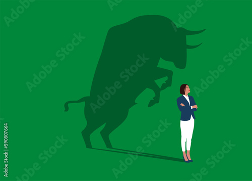Confident businesswoman standing bull shadow concept illustration. Trade exchange, green bull. Global economy boom. Flat vector illustration