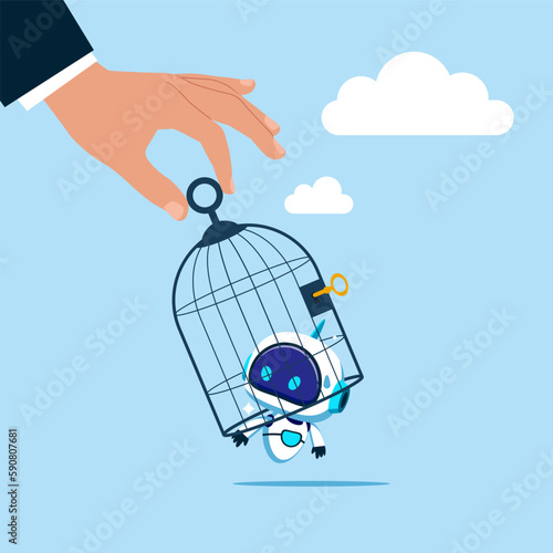Giant hand capturing a running robot with birdcage. Artificial intelligence technology. Modern vector illustration in flat style