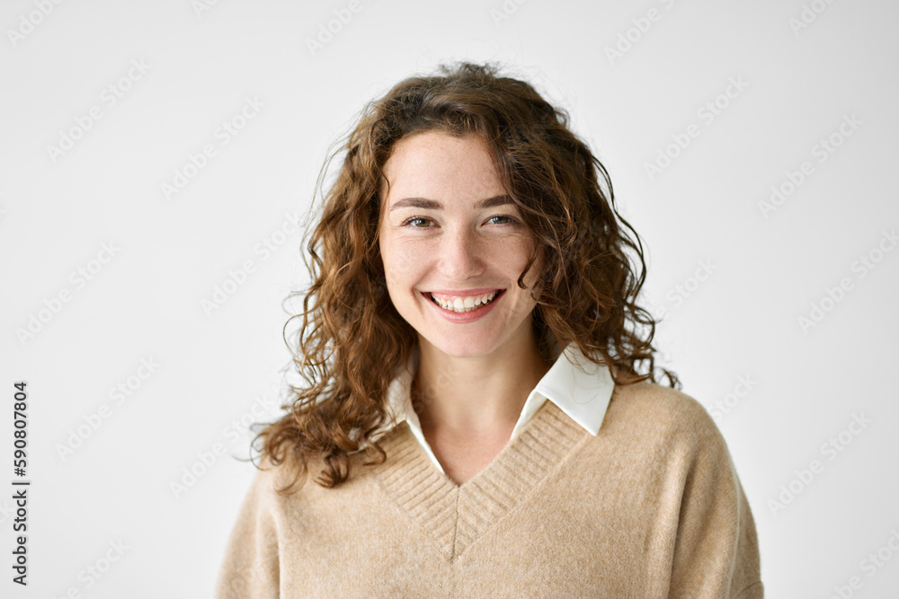 © insta_photos - Young smiling positive woman, happy curly joyful cheerful girl student laughing, looking at camera standing isolated at white background, advertising products and services, close up headshot portrait.