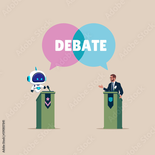Debate. Human and robot conducting discussion on public debates. Artificial intelligence technology. Modern vector illustration in flat style