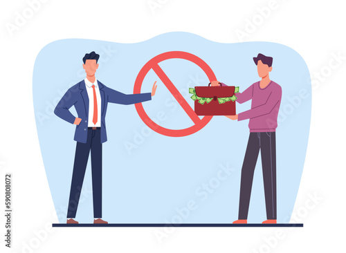 Stop corruption, businessman does not accept money in suitcase from man. Male character giving bribe suitcase with cash dollars. Honest businessman cartoon flat illustration. Vector concept