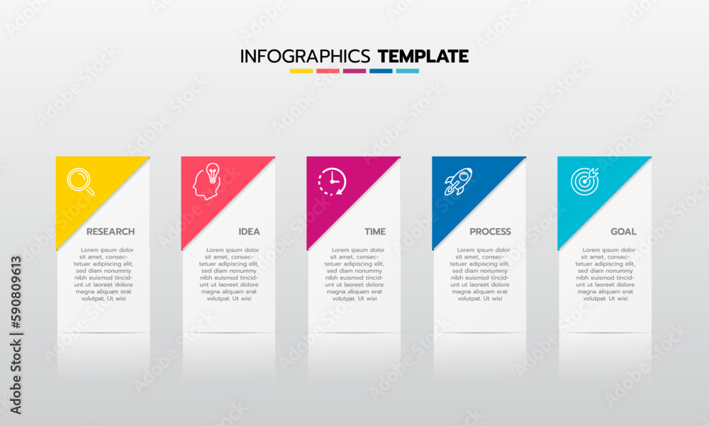 Business infographic template process with simple geometry square, rectangle, circle, triangle, curves in flat design template with thin line icons and 5 options or steps. Vector illustration. Business infographic template process with simple geometry square, rectangle, circle, triangle, curves in flat design template with thin line icons and 5 options or steps. Vector illustration.