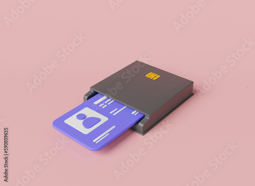 Smart card reader with Id card on pink background. Chip card reader, identity verification, Secure transaction, person data. 3d icon rendering illustration. cartoon minimal style photo