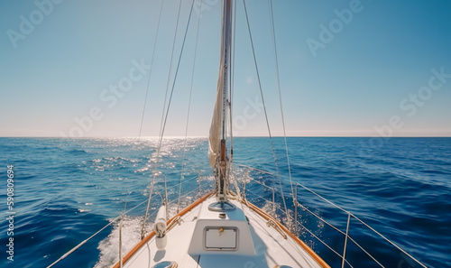 Modern luxurious private yacht at sea at sunset. View from stern of sailboat. Generative AI. High quality illustration