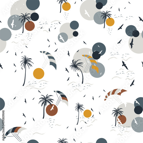 Summer vector vacation pattern with palms, birds, sun and waves