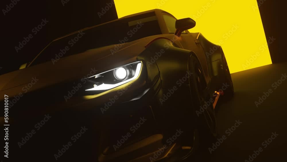 3D Rendered Super car Cinematic view in dark with yellow background