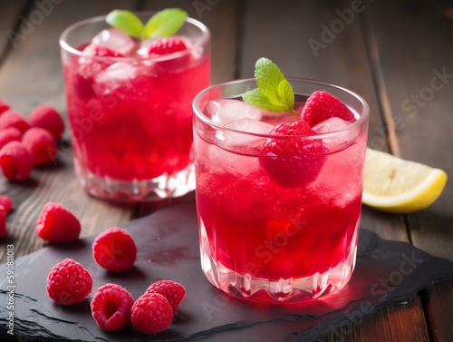 Raspberry lemonade with fresh raspberries and mint in glass.