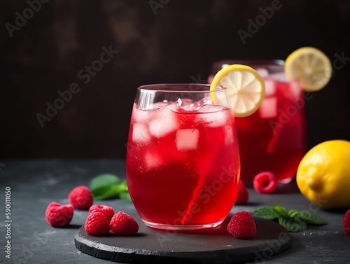 Raspberry lemonade in glasses with fresh raspberries and mint leaves on dark background.