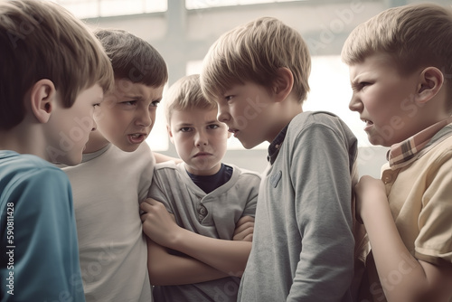 GRUPO DE NIÑOS ACOSANDO A OTRO MAS PEQUEÑO. BULLYING ESCOLAR. ILUSTRACION. COLOR. IA GENERATIVA. HORIZONTAL photo