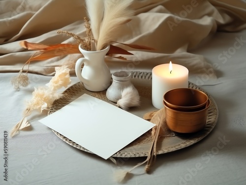 Blank card, candles and dry flowers on bed, soft focus background.