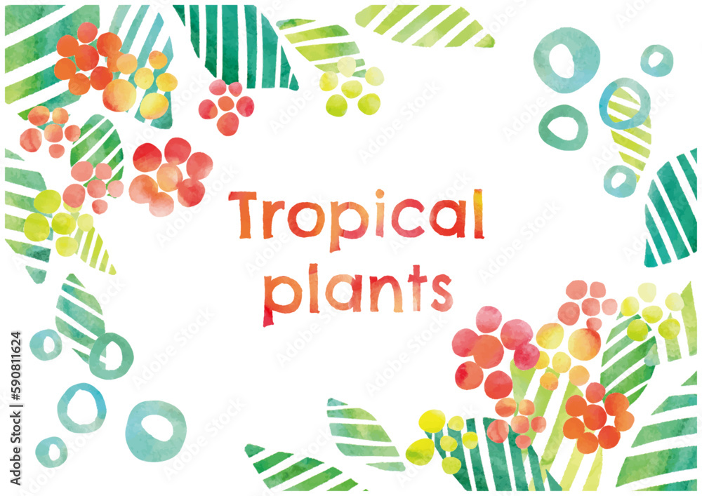 Decoration of tropical plants painted in watercolor