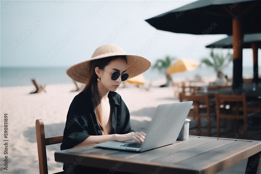 young woman in straw hat living the ultimate dream of work freelance and travel, seating at outdoor cafe on a tropical beach. Generative ai