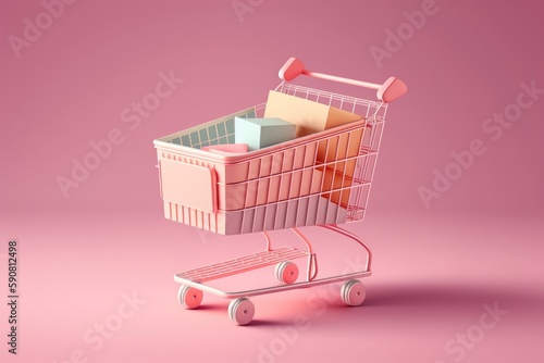 Shopping cart with boxes on pink background. 3D illustration