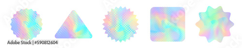 Holographic iridescent stickers and hologram foil labels, vector seals with holograph pattern texture. Holographic iridescent stickers with iridescent color gradient