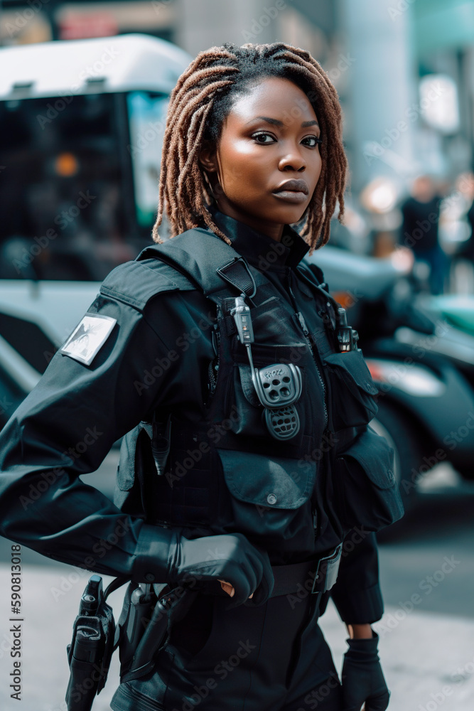Fototapeta premium African-American policewoman in uniform. generated with AI