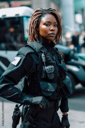 Fototapeta African-American policewoman in uniform. generated with AI