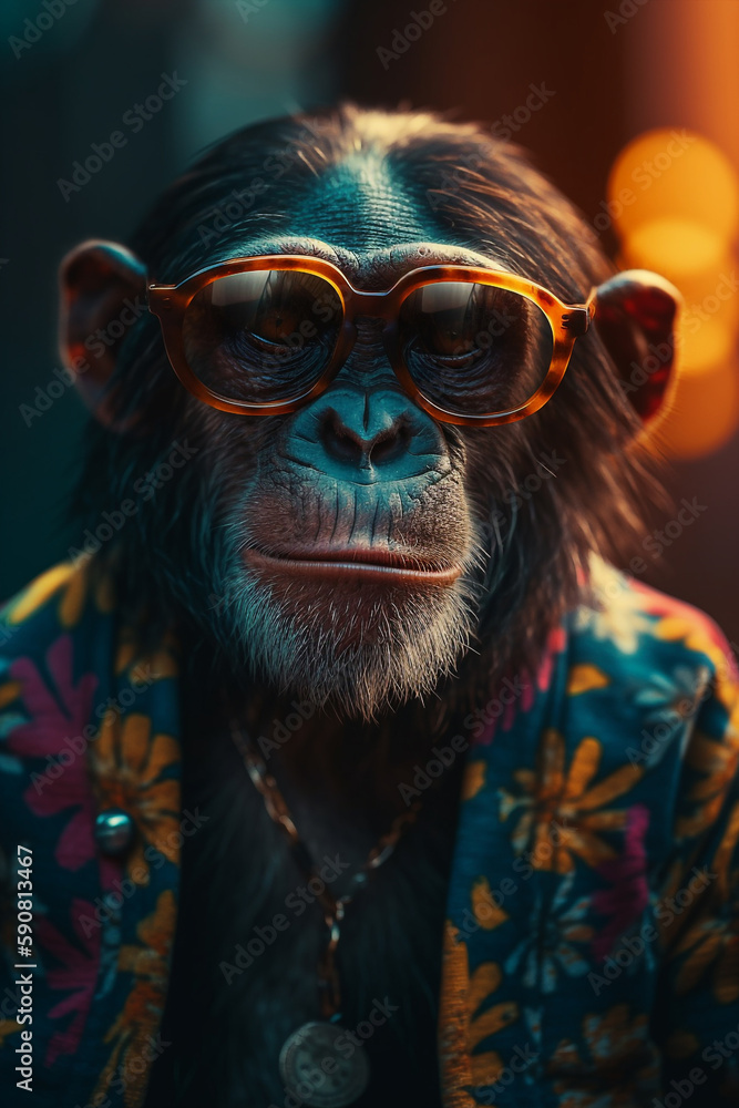 Stylish Chimpanzee Character Wearing Sunglasses with Colorful Fashion Dress Generative AI Digital Illustration Part#090423