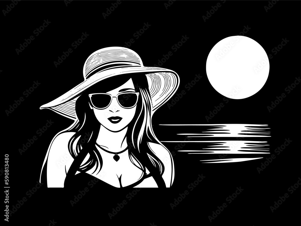 Beautiful woman in a big hat and sunglasses on the background of the ...