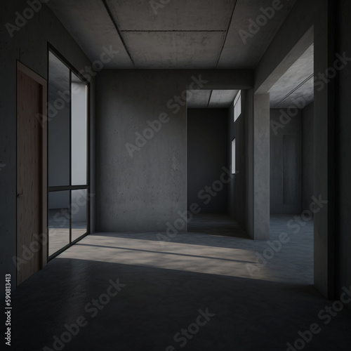 Dark empty corridor, empty interior mockup, loft, Generative AI