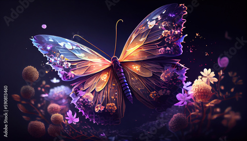 Butterfly illustration with shining flower. Generative AI. © Absent Satu