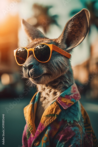 Stylish Kangaroo Character Wearing Sunglasses with Colorful Fashion Dress Generative AI Digital Illustration Part#090423