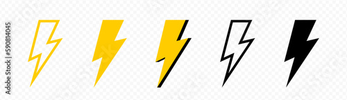 lightning bolt icon set. flash thunder icon. electric power vector icons - lightning energy bolt in yellow flat icon. Creative vector illustration