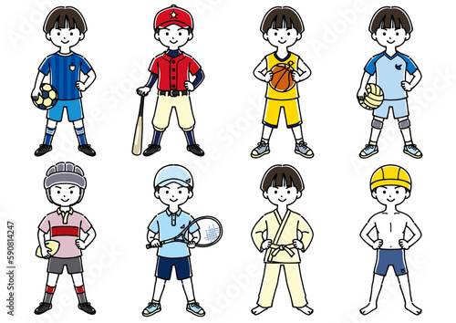 いろいろなスポーツのユニフォームを着た男の子
