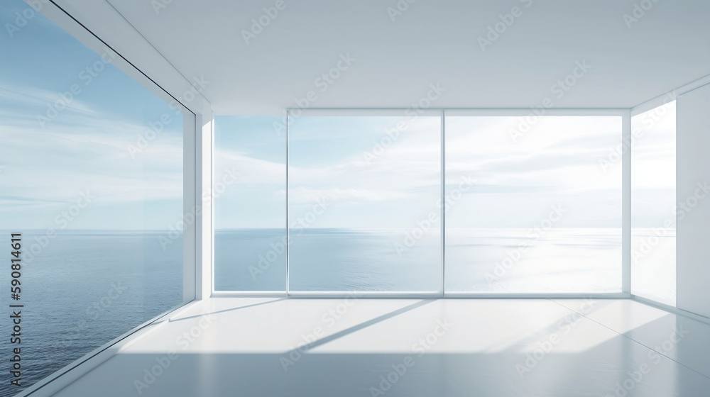 Fototapeta premium A white room with a wide view of the sea, made with Generative Ai