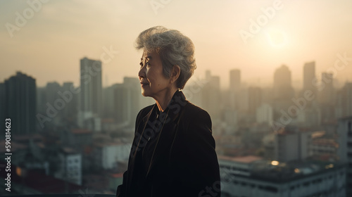 Confident mature businesswoman leader with sun set background.